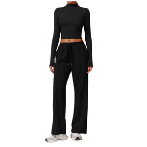 Conjunto de Yoga de 2 Piezas para Mujer, Transpirable, Sencillo, Cintura Alta, Sudadera de Manga Larga con Cuello Redondo, Pantalones Anchos, Color Negro Sólido con Cordón Ajustable - Product Image 2
