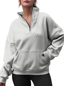 Pull en molleton tricoté à col montant et fermeture éclair quart de tour pour femme, coupe oversize, avec logo frontal, 100 % coton, style streetwear hiver - Product Image 2
