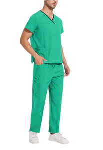 Conjunto de uniforme médico para hombre de color liso con cuello en V – Camiseta de manga corta con bolsillos y pantalones con cintura elástica, dos piezas - Product Image 3