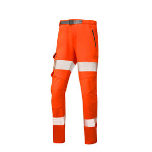 Pantalon de travail en polyester orange haute visibilité, bandes réfléchissantes, plusieurs poches, certifié CE, respirant, pour travaux de construction - Product Image 1