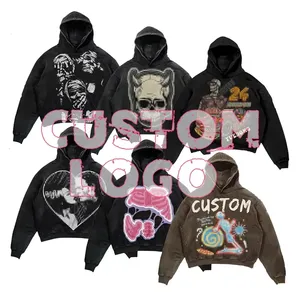 Vente en gros Sweat à capuche pour hommes Streetwear Oversize Uni Délavé Effet vieilli Coupe carrée Décontracté Style urbain Impression numérique personnalisée Délavage à l'acide - Product Image 6