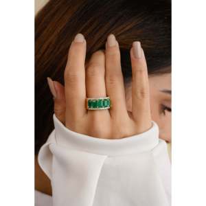 18K Yellow Gold Five Stone Emerald Eternity Wedding Band Ring for Women - Product Image 3