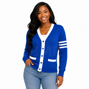 Cárdigan de Punto Acrílico para Mujer HMR, Azul y Blanco en Contraste, Manga Larga, Estilo Preppy, Suéter de Punto Jacquard - Product Image 1
