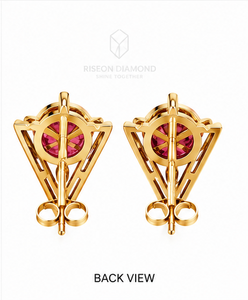 Pendientes geométricos de lujo en oro amarillo de 18 quilates con marco triangular, piedra preciosa rosa de corte redondo y detalles de diamantes en el borde. - Product Image 3