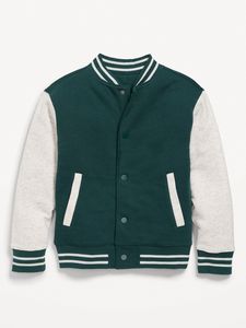 Veste universitaire en cuir vert foncé pour homme avec manches blanches, col rabattu, fermeture boutonnée, vêtement décontracté pour l'automne - Product Image 2