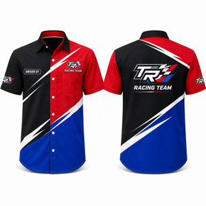 Camisa de trabajo personalizada para equipo de mecánicos, con botones, manga corta, diseño con ribetes, ropa de carreras, para verano e invierno - Product Image 1