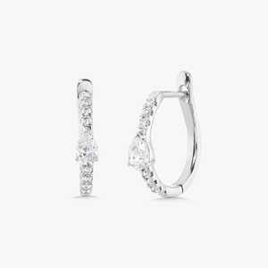 Diamond <b>Hoop</b> <b>Earrings</b> Pear Round Cut Lab Grown 14k <b>Solid</b> Gold 14 mm Delicate Minimalist Elegant Bridal Wedding Huggies Wholesale - Product Image 3