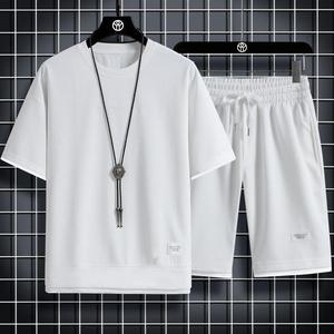 Mens Casual Solid Color Summer Two Piece Shorts Suit Loose 2 Piece Waffle T-shirt Short Set <b>Tracksuit</b> - Product Image 2