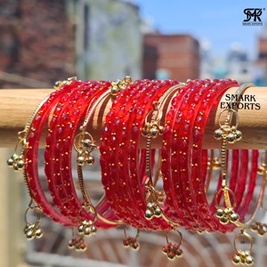 Luxury Handmade <b>Red</b> Kashmiri Raindrop Glass Bangle Set with Ghungroo Bridal Ethnic Jewelry for Women - Product Image 5