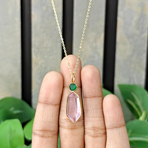 Exotic fancy pink quartz <b>with</b> emerald cubic zirconia bezel setting pendant 18k gold plated brass necklace for jewelry women gift - Product Image 2
