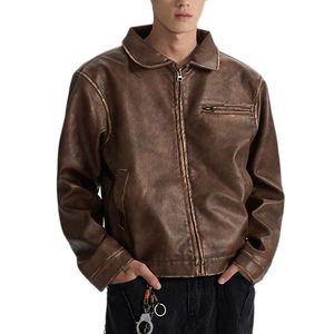 Custom Men's PU Leather <b>Jacket</b> Slim Boxy Vintage Style Embroidered Zipper Closure Brown Spring Season with Front Logo - Product Image 2