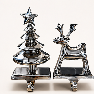 Polished Nickel Christmas Tree And Reindeer <b>Stocking</b> <b>Holder</b> Hangers Aluminium Non-Slip Weighted Base Metal Festive Mantle Decor - Product Image 3