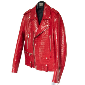 Veste moto en similicuir gaufré rouge, manches longues, fermeture éclair, col rabattu, veste d'automne pour femme - Product Image 5