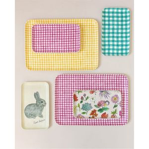 Eco-Friendly Metal <b>Serving</b> Tray <b>Set</b> | Gingham Checkered Decorative Coffee Trays | Cute Rabbit Floral Rectangular Tray Wholesale - Product Image 1