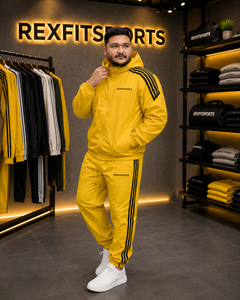 ชุดวอร์มผู้ชาย REXFIT SPORTS 2026 สีเหลือง ผ้าไนลอน มีฮู้ด แจ็คเก็ตกันลมแบบซิปเต็มตัว และกางเกง ชุดกีฬาแบบสั่งทำพิเศษสำหรับการฝึกซ้อม - Product Image 2