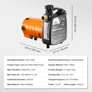 Pompa d'Acqua Portatile in Ghisa 115V AC 1/2HP 1600 GPH con Filtro a Spazzole di Carbone e Connettori in Ottone - Product Image 4