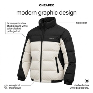 Blouson matelassé homme noir et blanc, col montant, fermeture éclair, manteau d'hiver chaud, décontracté, streetwear, personnalisable, marque privée - Product Image 3