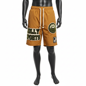 Shorts de Mujer en Nylon y Spandex Suave de 220 GSM, Color Camel Marrón, con Panel de Parche y Logotipo Personalizado por Transferencia Térmica - Product Image 1