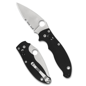 Couteaux pliants professionnels avec manche texturé noir, lame partiellement dentelée argentée, trou rond pour le pouce et clip portable - Product Image 1