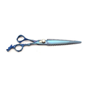 Ciseaux de barbier professionnels en acier inoxydable bleu plasma, lame fine et pointue avec design en os de poisson et manche dragon - Product Image 2