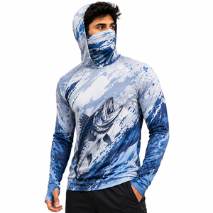 เสื้อฮู้ดตกปลาผู้ชายสีดำเทาลายพรางแบบกำหนดเอง แขนยาว พิมพ์ลายกราฟิกสายฟ้าแบบซับลิเมชั่น แห้งเร็ว พร้อมผ้าคลุมหน้า - Product Image 5