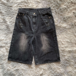Custom Vintage Washed Leather <b>Patches</b> 100%cotton <b>Men</b> Denim <b>Shorts</b> Heavyweight Jean <b>Shorts</b> <b>Men</b> Casual Embroidery Jorts for <b>Men</b> - Product Image 6