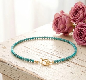 AA Grade Natural Blue Turquoise 4mm Beads Women <b>Necklace</b> 14K Gold Plated Toggle Clasp Healing Crystal Gemstone Beaded Choker - Product Image 3