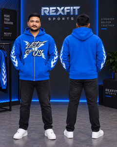 Sudadera con capucha azul personalizada para hombre, con cremallera, forro polar grueso, estampado gráfico de llamas en las mangas, estilo urbano, informal, para invierno. - Product Image 2