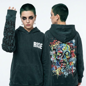 Sudadera con Capucha para Mujer, Color Naranja Coral Sólido, Estilo Desgastado, con Detalle de Telaraña y Pedrería, Gráfico de Zombie Gritando en la Espalda, Lavado Ácido Vintage, 100% Algodón - Product Image 3