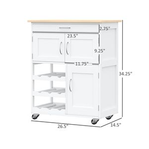 Carrello da Cucina Moderno Bianco con Isola, Cassetti Contenitori, Portabottiglie da 9 Posti, Armadietti con Ante e Piano in Legno di Pino, Isola da Cucina Mobile con Ruote - Product Image 3