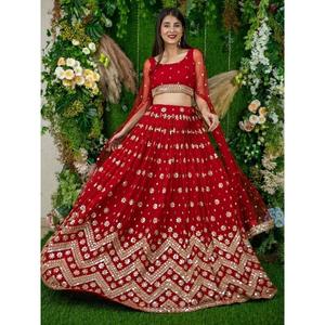 Glamorous <b>Red</b> <b>Sequins</b> Georgette Engagement Wear Lehenga Choli - Product Image 5