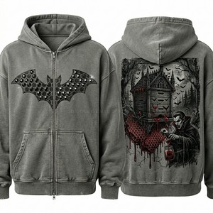 Wholesale Crimson Red Vintage Hoodie Men Oversized Streetwear Graphic Vampire Print Custom Manufacturer Heavyweight Hoodies - Product Image 5