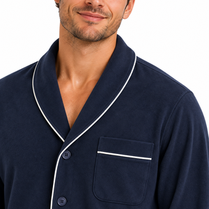 <b>Men</b> Luxury Breathable Cotton <b>Pajama</b> <b>Set</b> Long Sleeve Button Sleepwear Winter/Spring Warm Loungewear Matching Lounge Pants Navy - Product Image 6