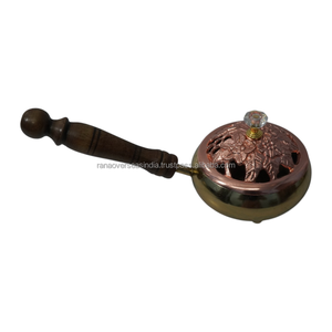 Premium Iron Incense Burner Copper Plated Floral Lid Wooden Handle Incense Censer for Home <b>Decor</b> and Yoga - Product Image 3