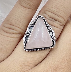 Natural Rose Quartz Trillion Cabochon <b>Ring</b> Silver Plated Vintage Statement Gemstone <b>Ring</b> <b>Adjustable</b> Women Jewelry Wholesale - Product Image 1