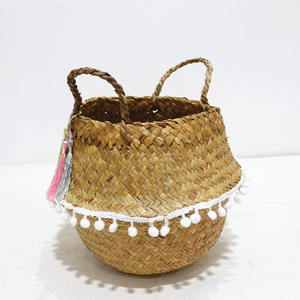 Natural Palm Leaf Storage <b>Basket</b> Handles Bowl Shape Rustic Style Multi-Purpose Decorative Tassels <b>White</b> Pom Pom Trim Precision - Product Image 4
