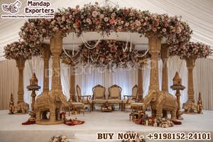 Mandap de Madera Estilo Gran Palacio para Bodas en el Reino Unido, Compre un Mandap Personalizado Tallado a Mano Estilo Gujarati, Gran Mandap Dorado para Bodas en EE. UU. - Product Image 5