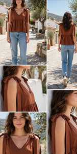 Brown Sleeveless Deep V <b>Neck</b> Tank Tops <b>Tie</b> Shoulder Ruffle Hem Casual Loose Fit Summer Woven 100% Polyester 120g Women's <b>Blouse</b> - Product Image 4