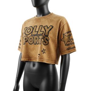 Women Crop <b>Top</b> T Shirt Premium GSM Cotton Jersey Vintage Wash Hotfix <b>Rhinestone</b> Logo Crop Tee Breathable Women Crop <b>Top</b> T Shirt - Product Image 4