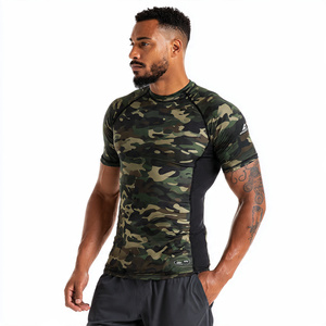 Camouflage Print <b>Base</b> <b>Layer</b> Rash Guard <b>Men's</b> 100% Polyester Compression Print Rash Guard <b>Mens</b> Short Sleeve Camo Fitness Tops - Product Image 1