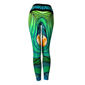 High Waist Full Length <b>Leggings</b> With Abstract Green Blue Pattern Stretch Knitted Spandex Polyester Women's Casual Yoga Pants OEM - Product Image 2