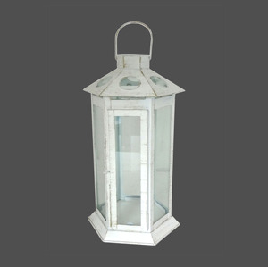 Farolillo Colgante Pequeño de Metal Hexagonal Blanco Envejecido con Ventilación Ovalada, Techo Inclinado, Vidrio Transparente y Asa de Alambre para Decoración de Mesa - Product Image 3