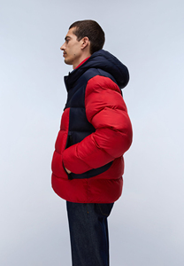 2026 Men's <b>Red</b> And Navy Color Blocking <b>Hooded</b> Puffer <b>Jacket</b> With Zipper Closure Windproof Down Filled Winter Casual Outerwear - Product Image 4