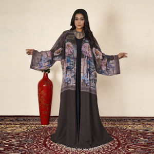 Abaya Estampada Larga hasta el Suelo, Ligera y Transpirable, con Detalles Florales, Mangas Largas y Anchas, Estilo Abierto por Delante, para Ocasiones de Eid - Product Image 2