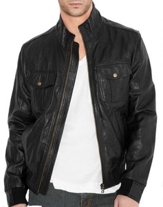 เสื้อแจ็คเก็ตหนังสีดำทรงบอมเบอร์สำหรับผู้ชาย - Product Image 1