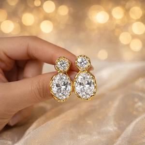 Boucles d'oreilles pendantes en moissanite taille ovale et ronde, plaqué or rhodié avec argent 925, pour femme, cadeau de charme pour fête - Product Image 3