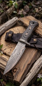 Damascus Steel Hunting <b>Knife</b> With Wood Handle Drop Point Blade 0.6mm Thickness Bevel Edge Leather Sheath Included - Product Image 6