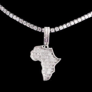 <b>Solid</b> Sterling <b>Silver</b> Hip Hop Africa Map Iced Out Rhodium Plated Men's Party Pendant Necklace - Product Image 1