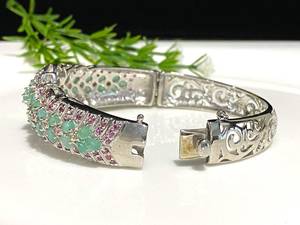 Vintage Emerald Tourmaline Rhodolite Bracelet Natural Gemstone Sterling <b>Silver</b> Jewelry Gift Women - Product Image 2