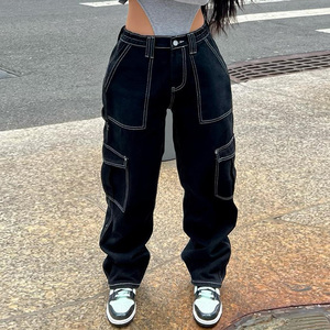 Casual Wholesale OEM Best Selling Regular Fit Straight Winter 100% Cotton Streetwear <b>Elastic</b> <b>Waist</b> Women Casual Cargo <b>Jeans</b> - Product Image 3